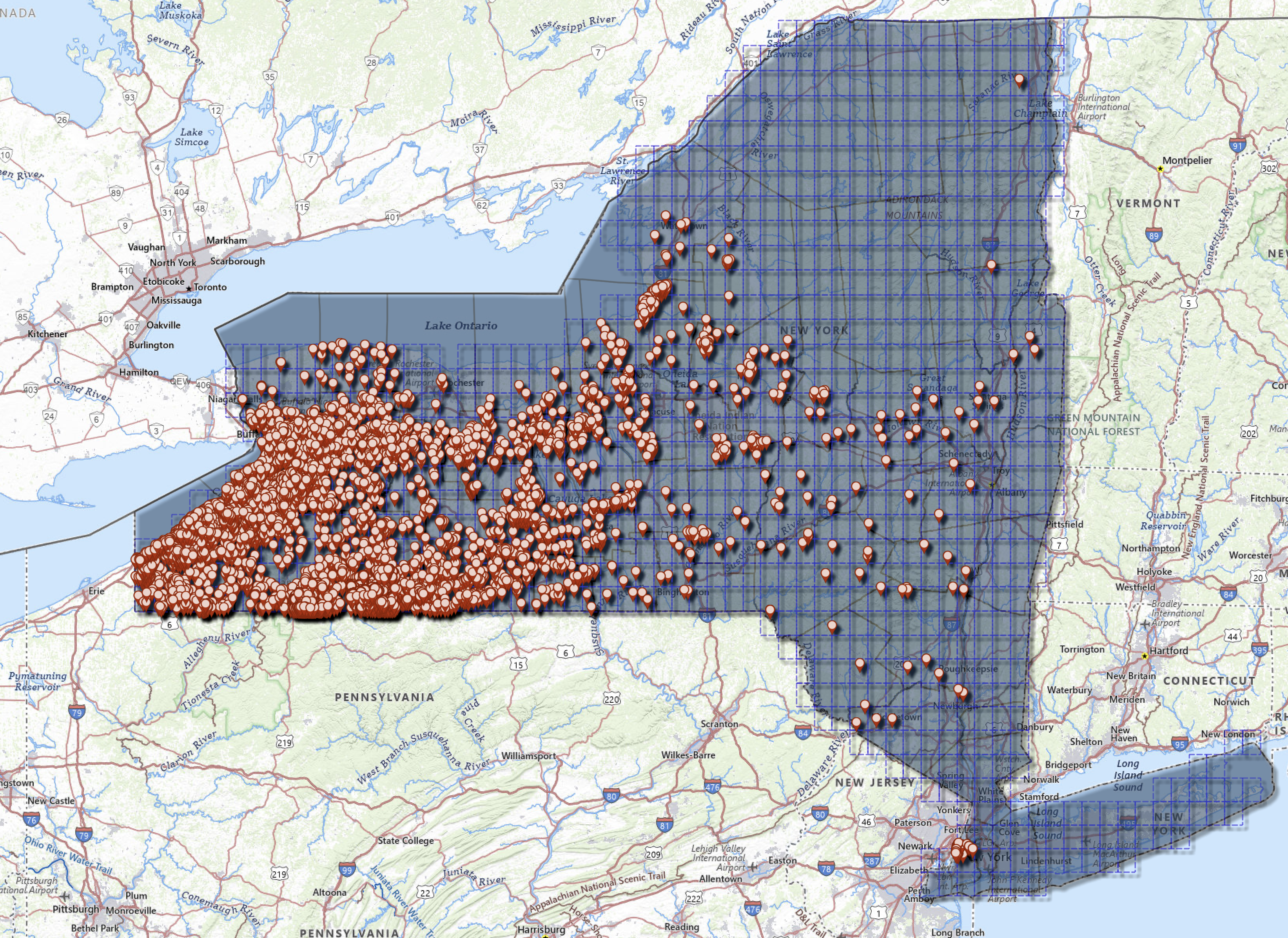 Map of New York with well coordinates marked in red